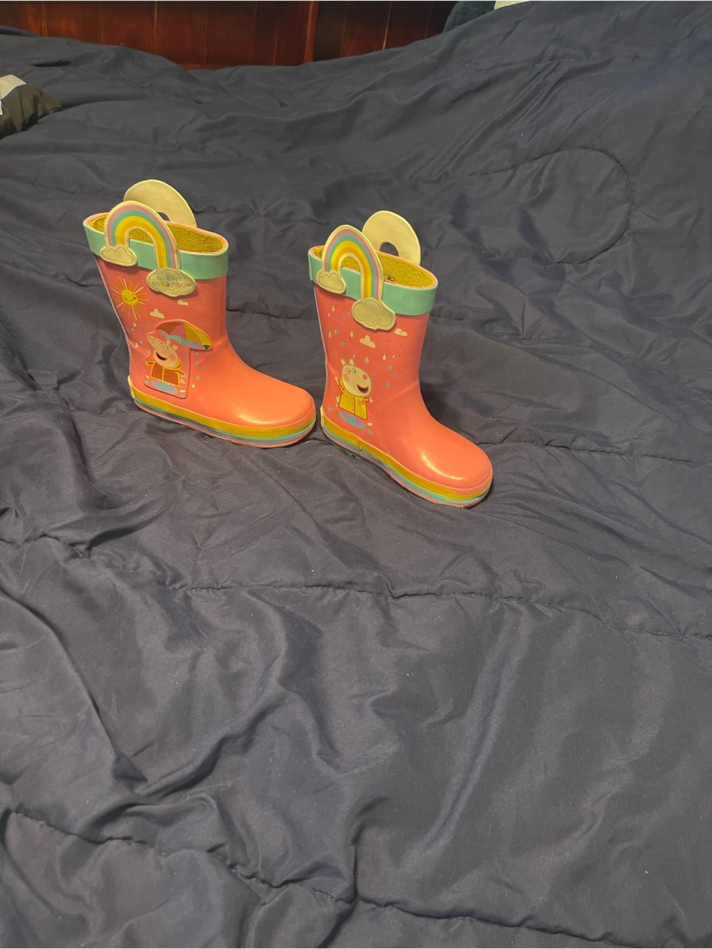 Kids Coral Rain Boots with Rainbow Handle and Character Print